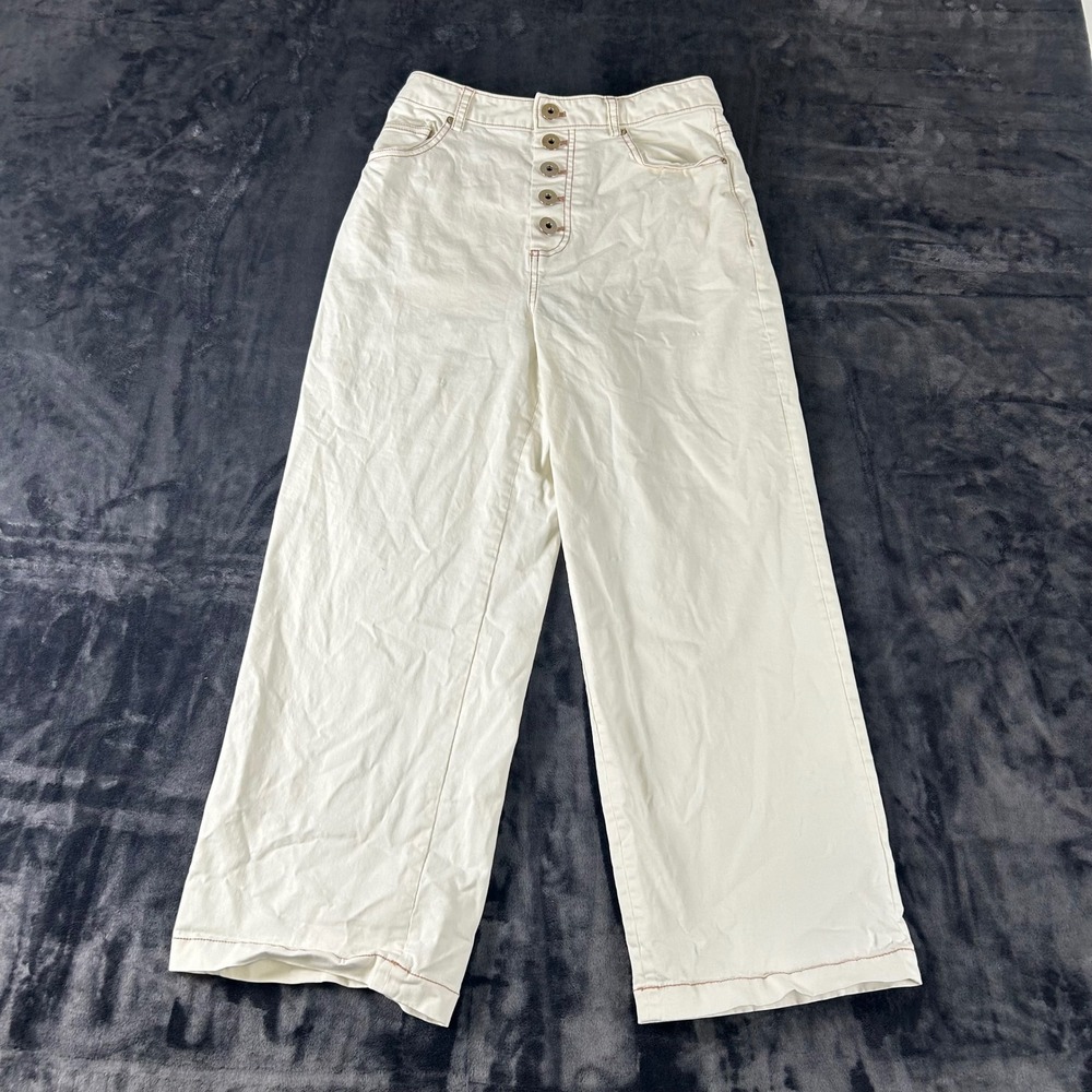 Kate Spade Wide Leg Pants Women 27 Cream Button‎ Fly Contrast Stitch High Rise